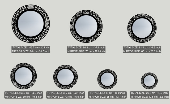 Striking black geometric Greek key frames adorn round mirrors, forming a unique metal wall art collection.