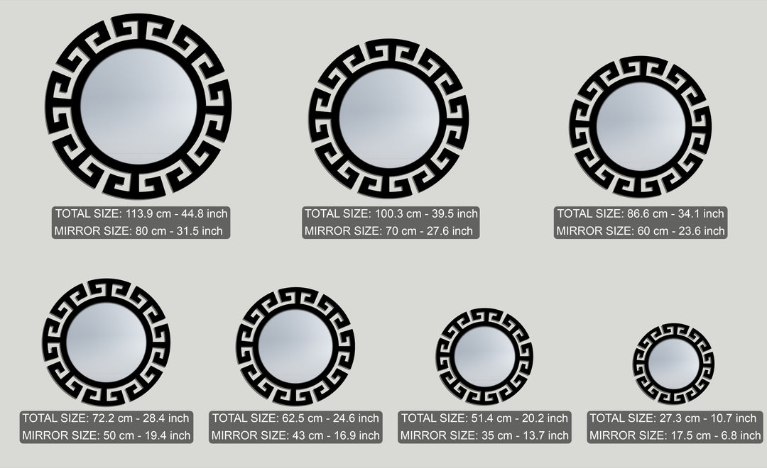 The low color saturation highlights this modern mirror collection featuring segmented Greek key black frames in various sizes against a light backdrop.