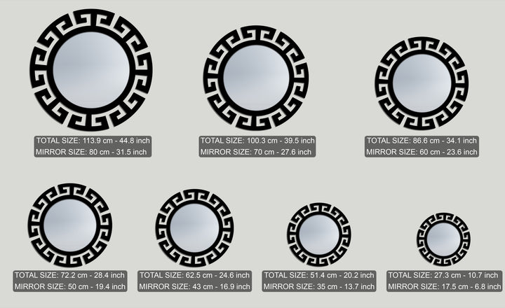 The low color saturation highlights this modern mirror collection featuring segmented Greek key black frames in various sizes against a light backdrop.