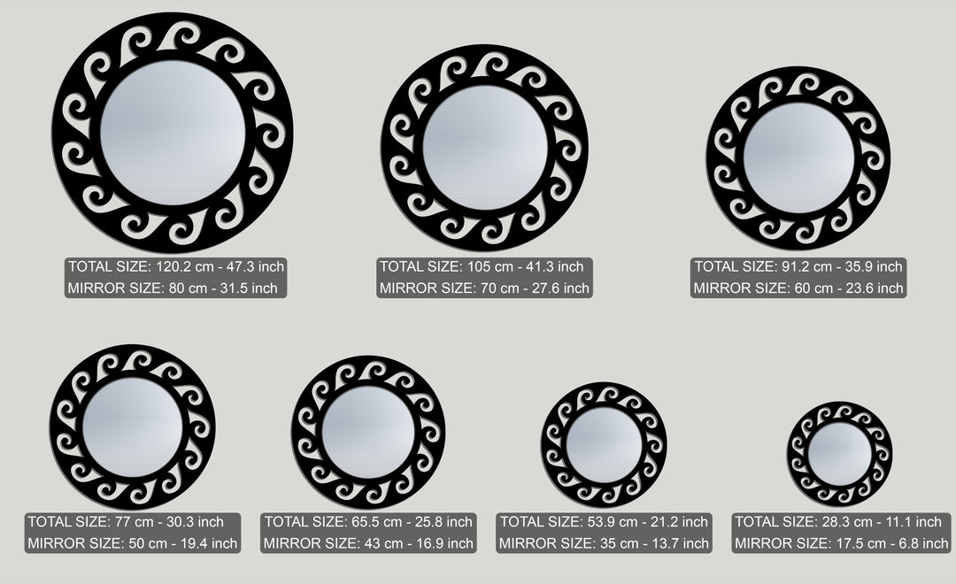 The finely crafted black metal frames showcase the unique metal wall art quality of these ornate scroll round mirrors.