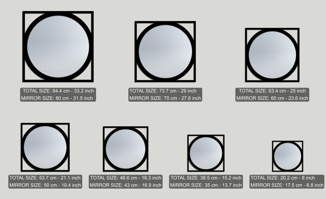The realistic detail of several geometric round mirrors, featuring a unique metal wall art square outline design in black.