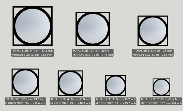 The realistic detail of several geometric round mirrors, featuring a unique metal wall art square outline design in black.