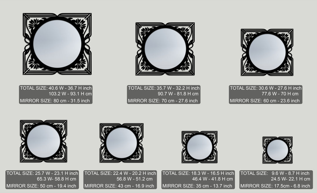The intricate black metal floral art deco frames elegantly surround each reflective framed wall mirror in varying sizes.