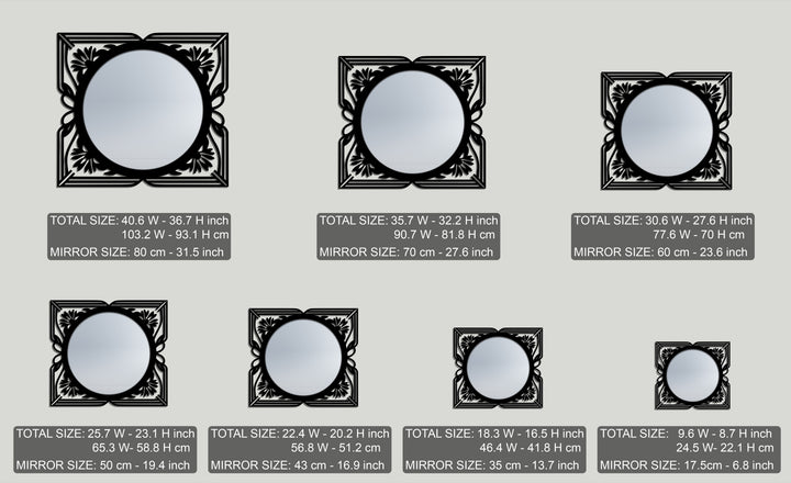 The intricate black metal floral art deco frames elegantly surround each reflective framed wall mirror in varying sizes.