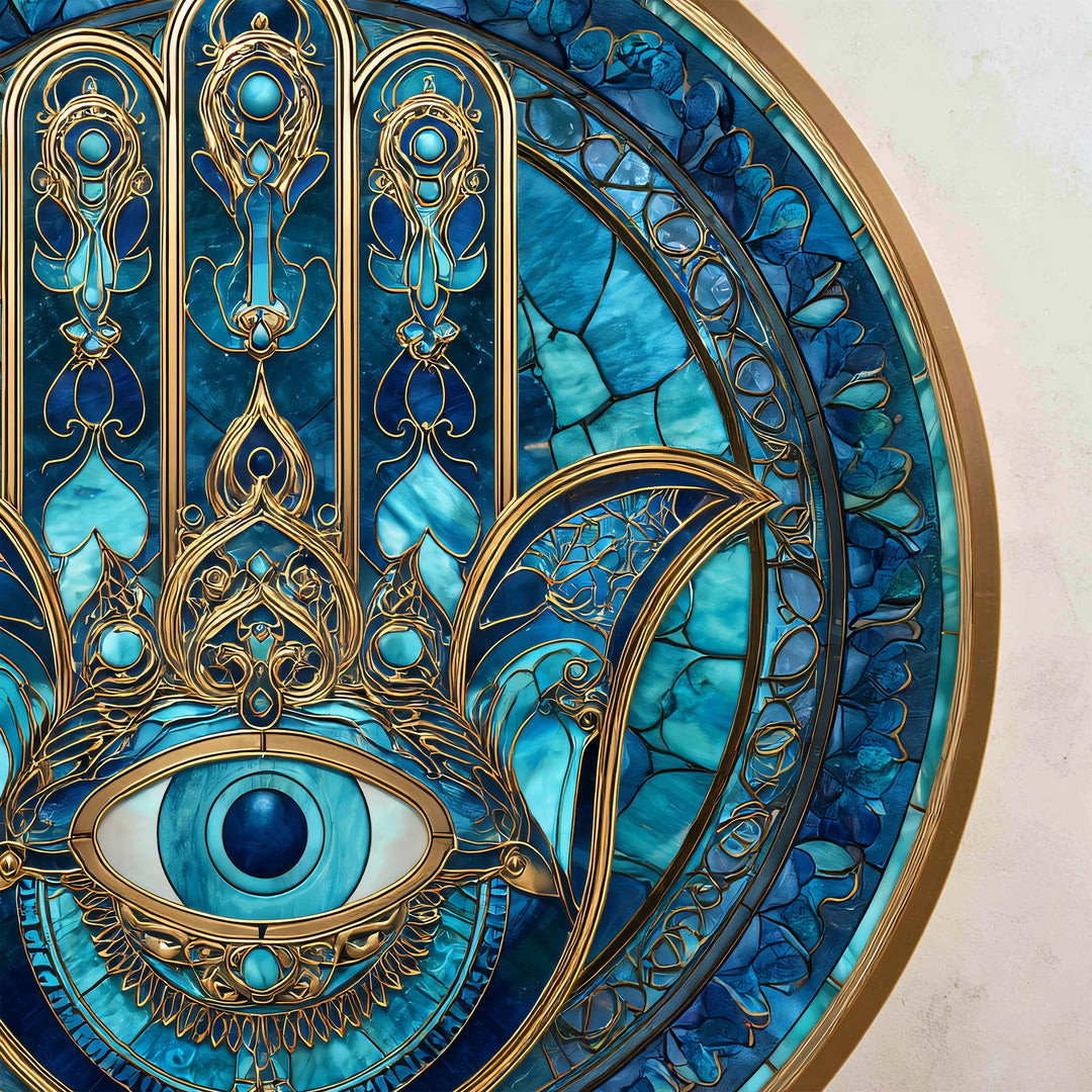 Blue Nazar Hamsa – Protective Eye Round Oil Painting on Wood