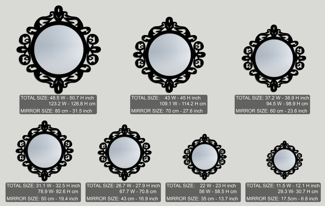 The intricate, swirling black frames of these modern wall mirrors create a captivating abstract pattern through their graduated sizes.