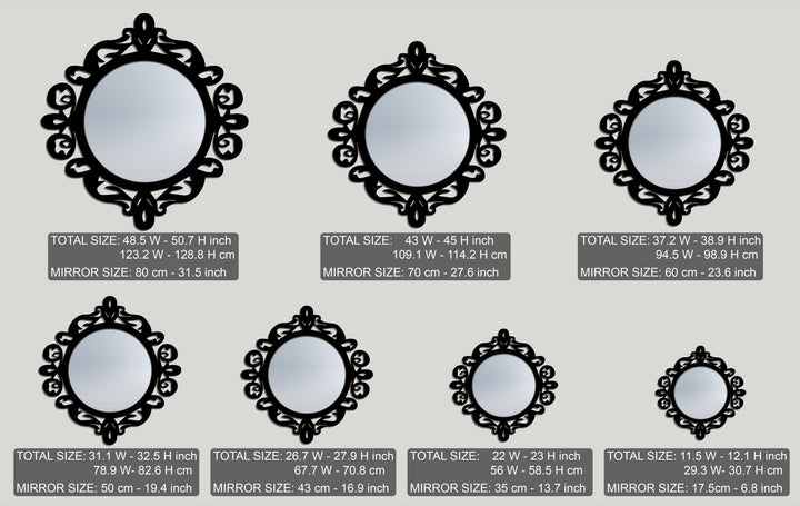 The intricate, swirling black frames of these modern wall mirrors create a captivating abstract pattern through their graduated sizes.
