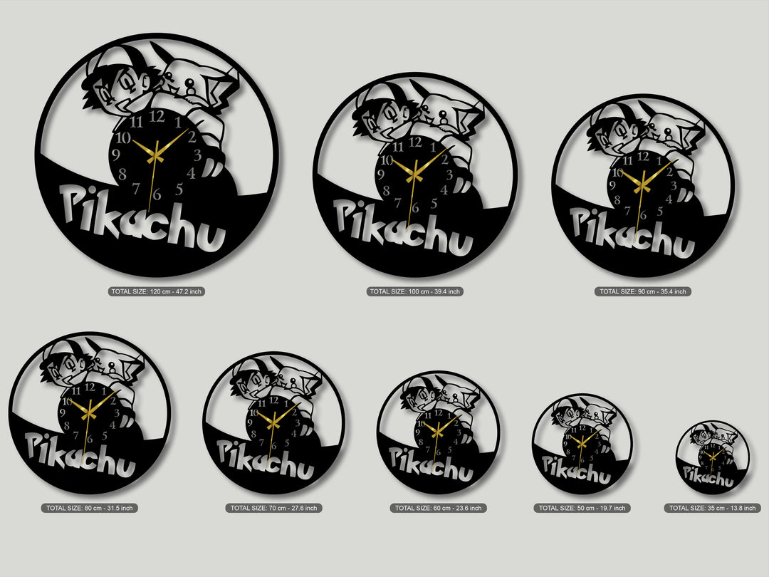 The bright grey background highlights multiple black silhouette unique metal wall art clocks, depicting a beloved cartoon character and electric creature.
