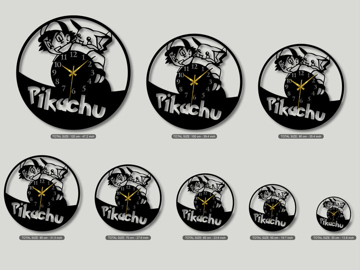 The bright grey background highlights multiple black silhouette unique metal wall art clocks, depicting a beloved cartoon character and electric creature.