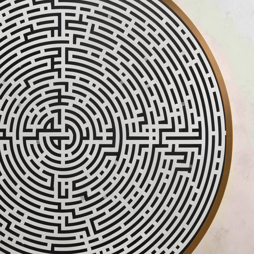 Modern Labyrinth – Minimalist Round Oil Painting on Wood