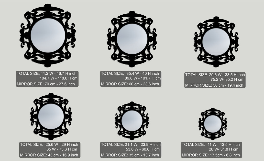 A collection of six ornate round and oval stained glass wall mirror designs featuring black metal frames, each with detailed dimensions.