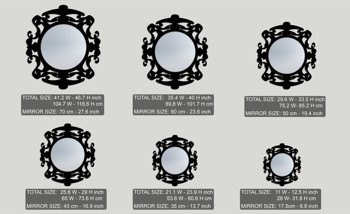 A collection of six ornate round and oval stained glass wall mirror designs featuring black metal frames, each with detailed dimensions.