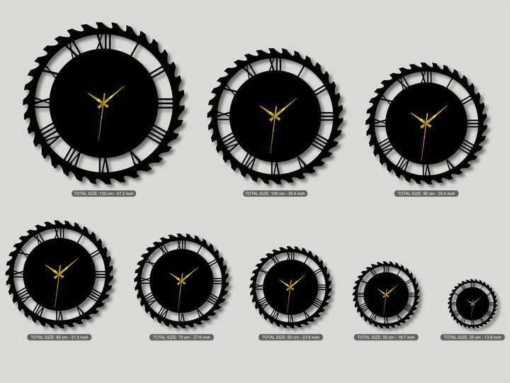 The abstract quality of saw-blade inspired decorative metal art clocks with bold Roman numerals creates a striking industrial aesthetic.