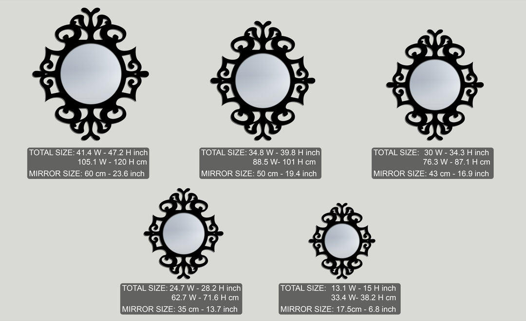 The stillness of five ornate round black mirror for wall decor pieces, displayed in varying sizes, creates a composed display.