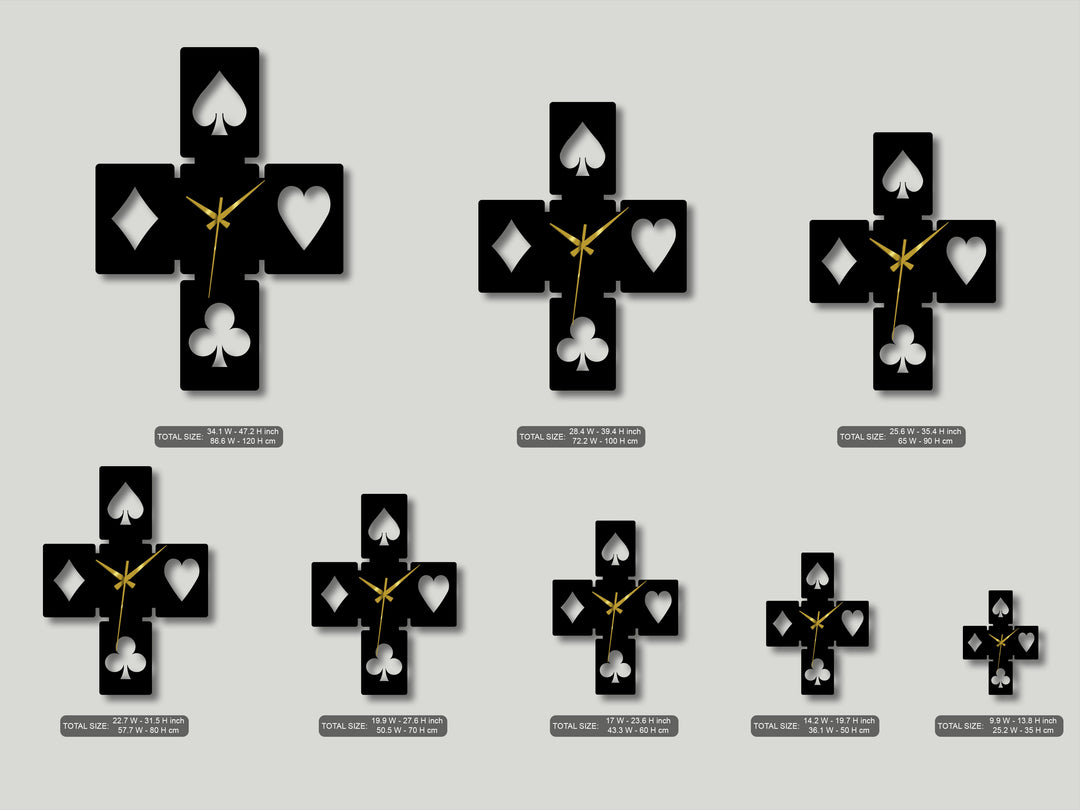 Vertical geometric cross-shaped metal artwork features stylized playing card symbols in varying sizes, acting as modern wall clocks.