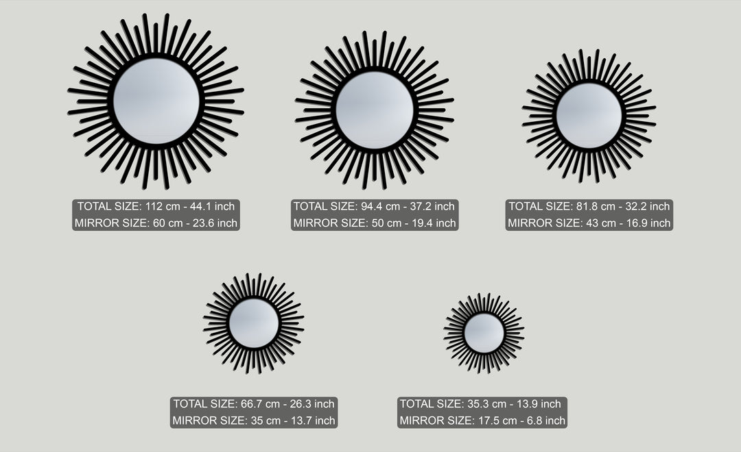 The realistic detail is evident in each distinct black framed wall mirror, highlighting the sunburst design across five varying sizes.