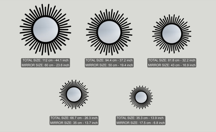 The realistic detail is evident in each distinct black framed wall mirror, highlighting the sunburst design across five varying sizes.