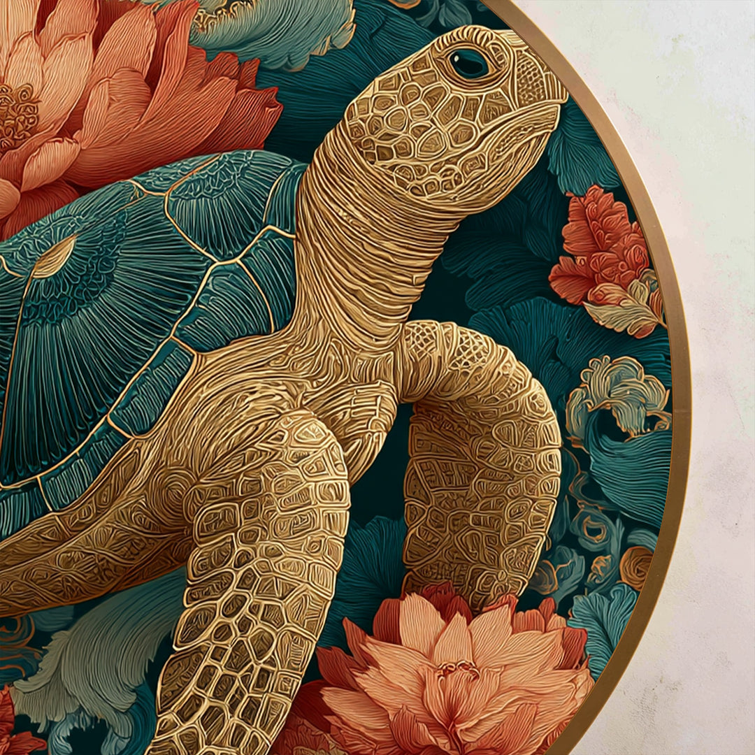 Golden Sea Turtle Among Coral Flowers Round Oil Painting on Wood