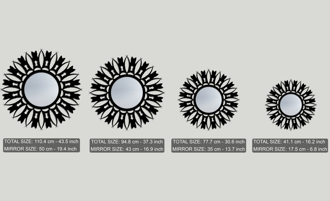 The radiating black frames of these floral sunburst mirrors create a sense of flowing movement, characteristic of decorative stained glass wall mirror art.