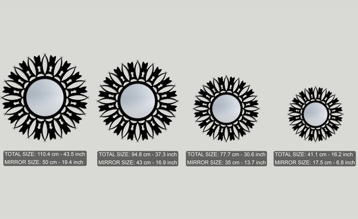 The radiating black frames of these floral sunburst mirrors create a sense of flowing movement, characteristic of decorative stained glass wall mirror art.