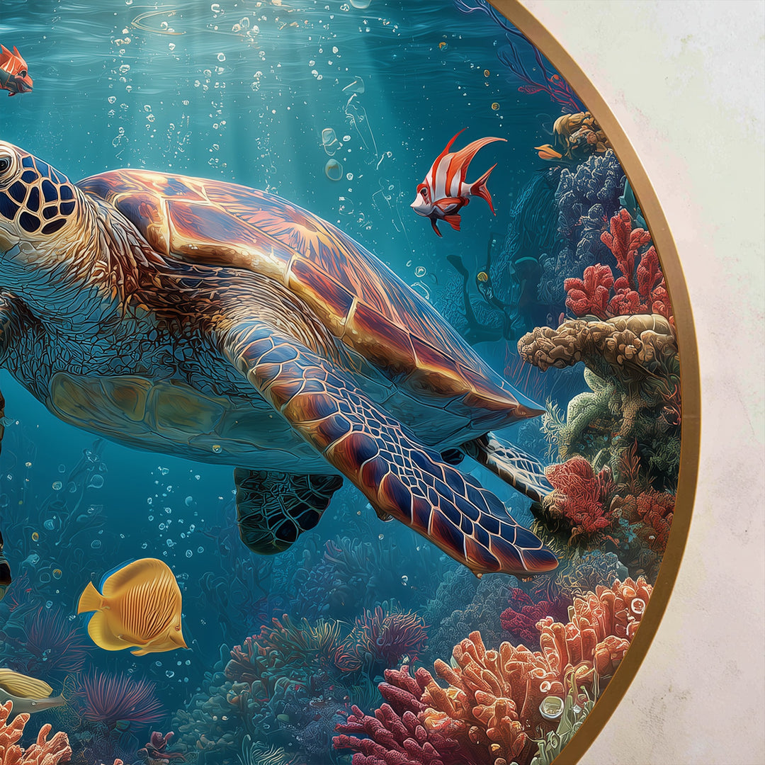 Une gracieuse tortue marine parmi les récifs coralliens ronds Tableau Peinture à l’huile