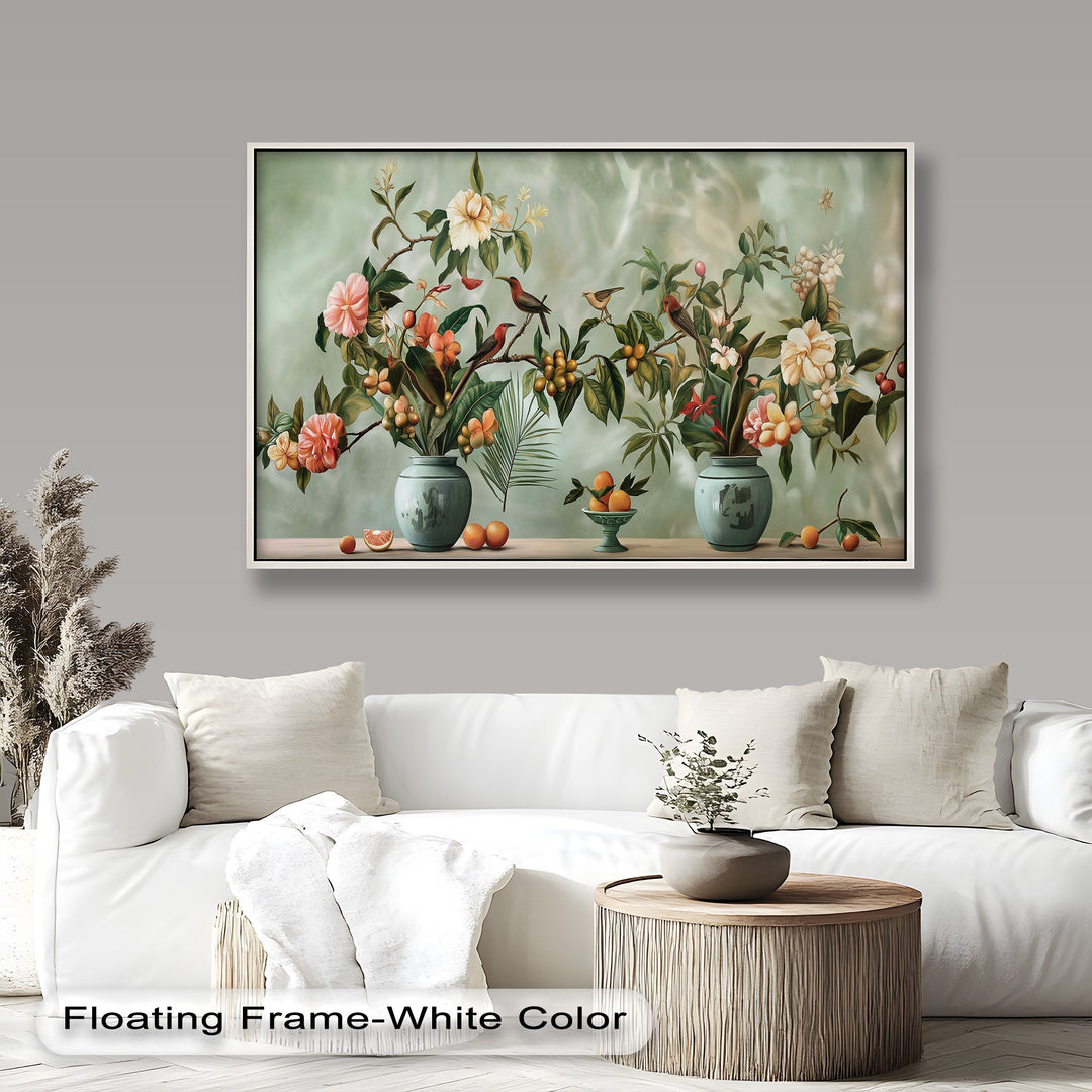 Classic botanical still life with exotic birds and fruit-filled vases.
