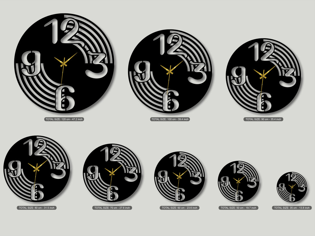 Striking color contrast is evident in the modern flow number metal artwork clocks, featuring bold black and silver designs.