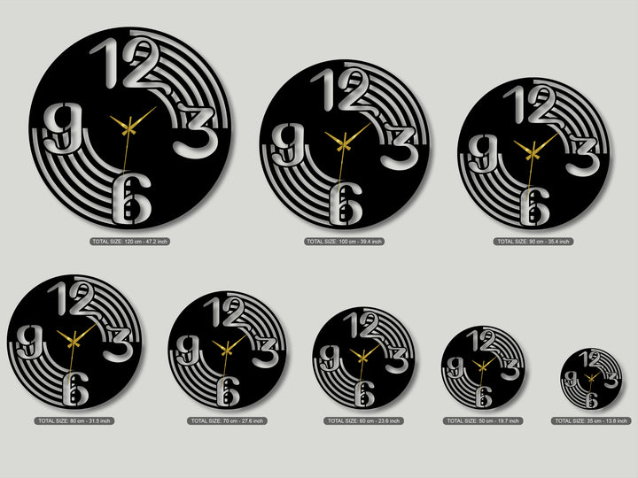 Striking color contrast is evident in the modern flow number metal artwork clocks, featuring bold black and silver designs.