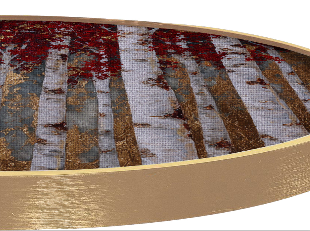 Golden Birch Forest Round Canvas Print – Red Leaves Nature Wall Art