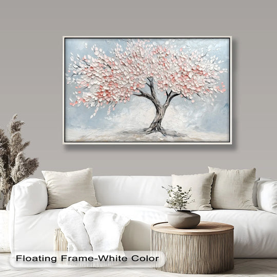Geometric shapes define the blossoming cherry tree in this floral oil painting art prints, where a white floating frame enhances its textured, delicate pink blooms.