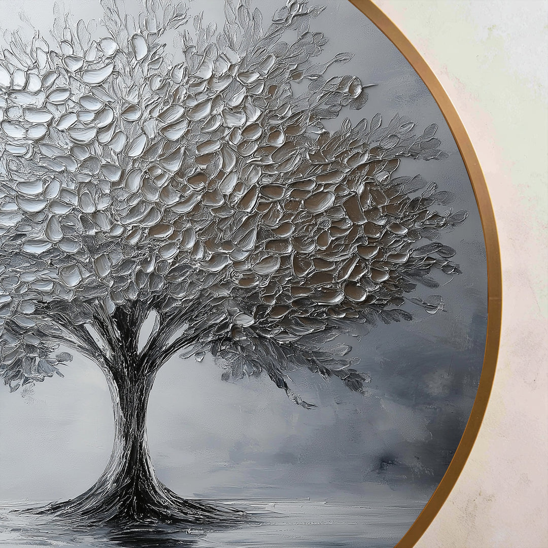Silver Serenity – Monochrome Tree Reflection Oil Painting