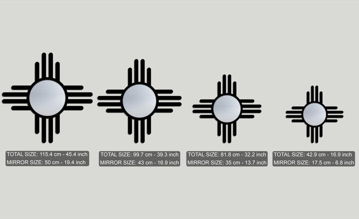 The dynamic radiating black lines of four Zia symbol mirrors, varying in size, convey a powerful sense of outward movement in this decoration wall art.