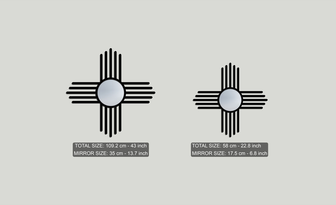 Visual rhythm is created by two Zia sun symbol-inspired modern mirrors of contrasting sizes, featuring black cross lines and reflective centers.