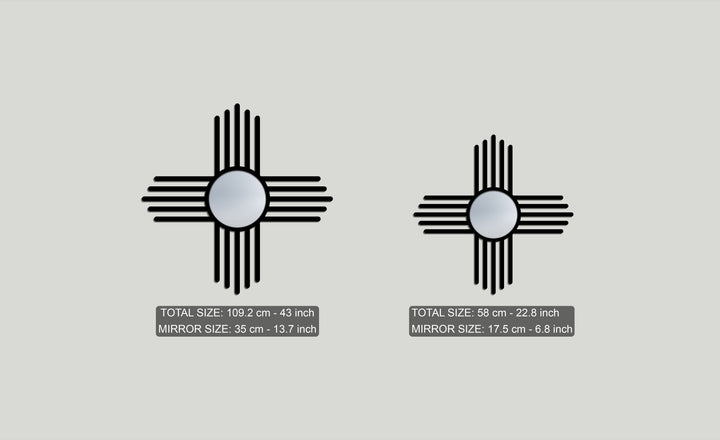 Visual rhythm is created by two Zia sun symbol-inspired modern mirrors of contrasting sizes, featuring black cross lines and reflective centers.