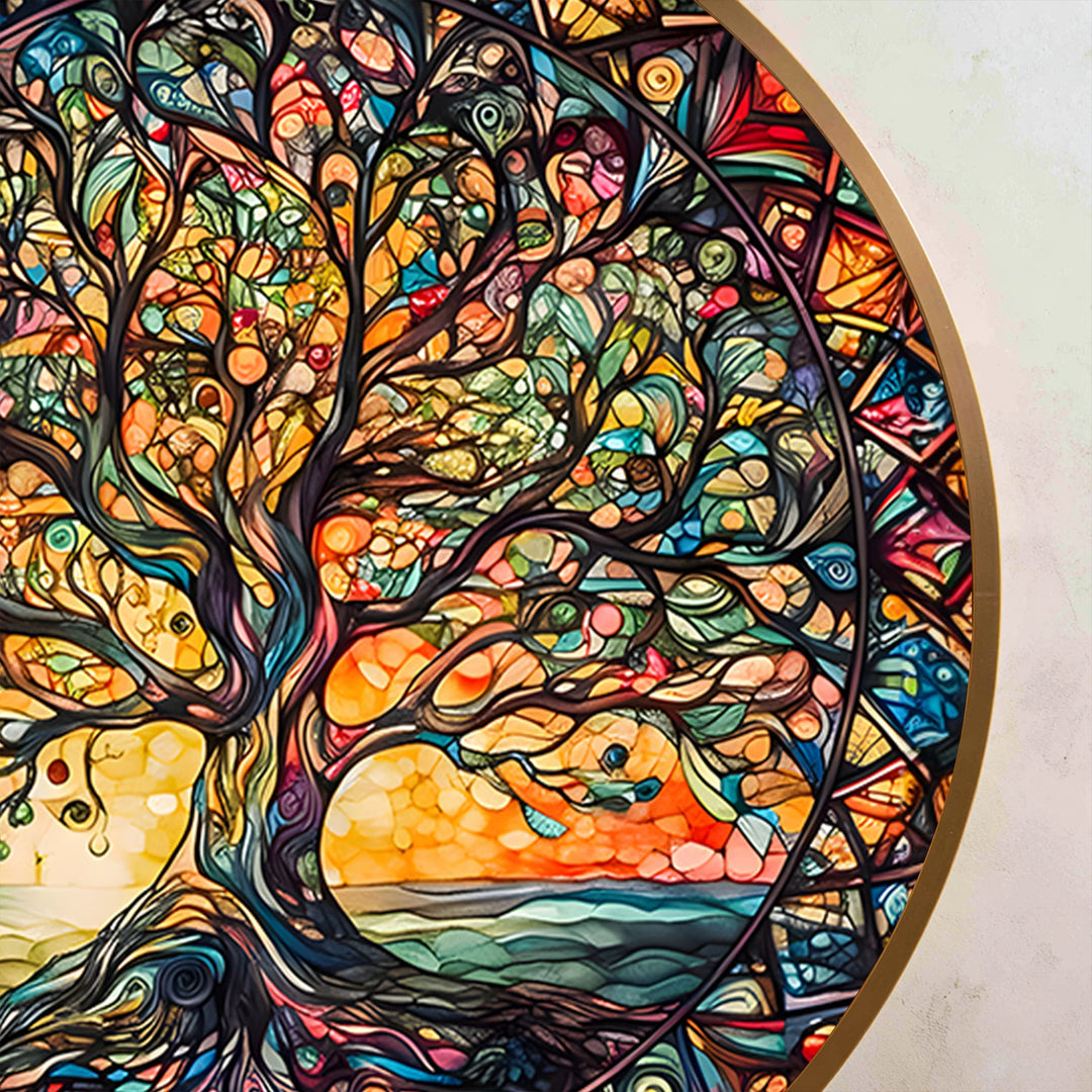 Armonía Radiante – Vitral Árbol de la Vida Redondo Cuadro al óleo
