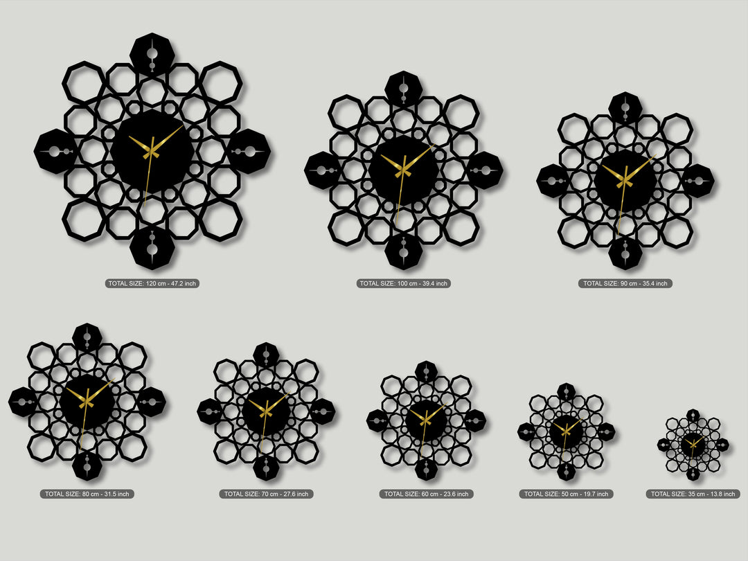 The softest element in this display of decorative metal art is the subtle, diffused shadows beneath the geometric mandala wall clocks.
