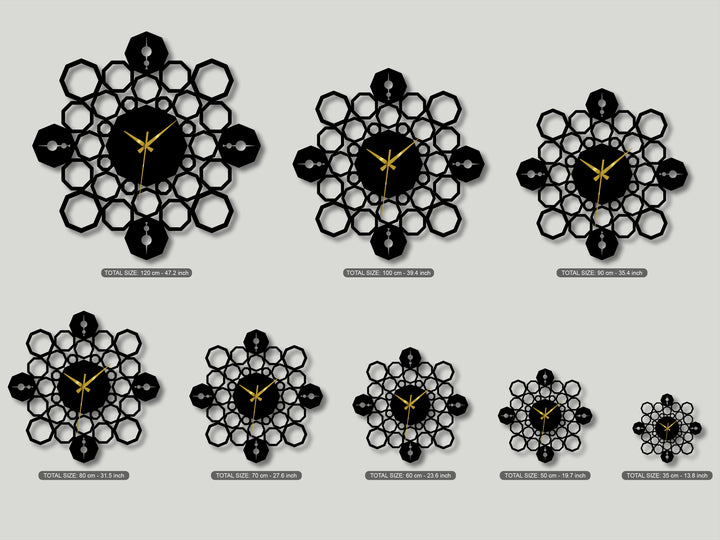 The softest element in this display of decorative metal art is the subtle, diffused shadows beneath the geometric mandala wall clocks.