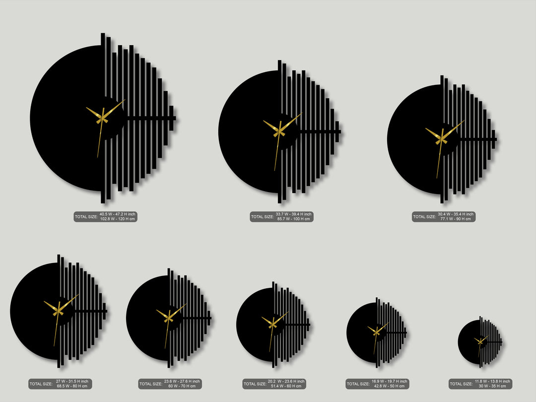 The largest black metal half-circle wall clock, a piece of modern geometric decoration wall art, features bold gold hands and vertical bars.