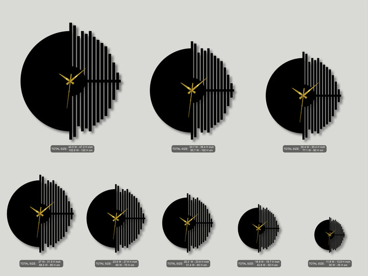 The largest black metal half-circle wall clock, a piece of modern geometric decoration wall art, features bold gold hands and vertical bars.