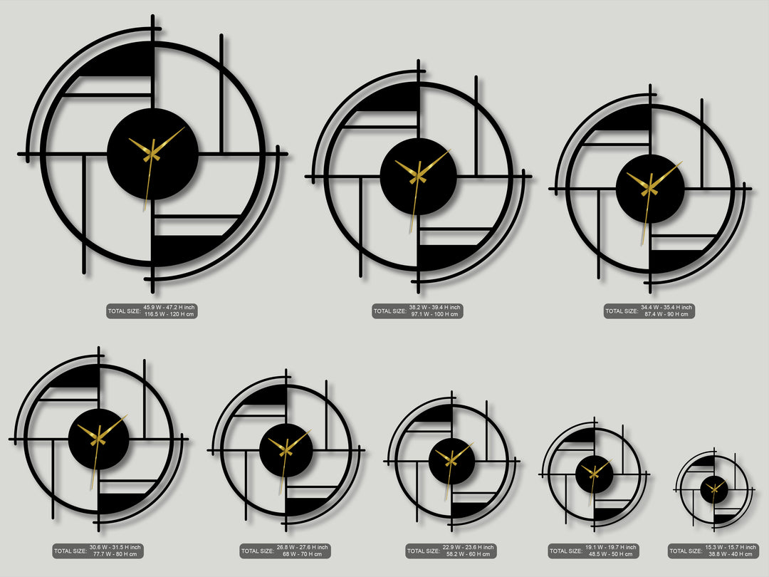 Dramatic light and shadow highlight the various sizes of unique metal wall art, geometric circle clocks with gold hands, against a muted background.