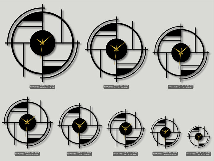 Dramatic light and shadow highlight the various sizes of unique metal wall art, geometric circle clocks with gold hands, against a muted background.