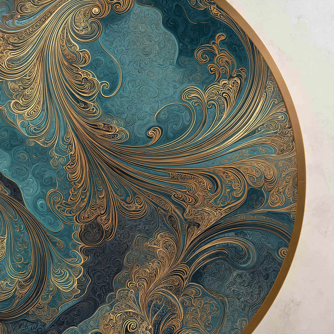 Susurros Dorados del Océano – Abstracto Verde Azulado Redondo Cuadro al óleo