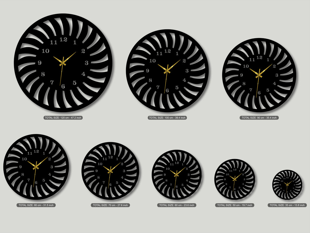 The deep black radial pattern of several modern spiral metal wall clocks stands out as unique metal wall decor.