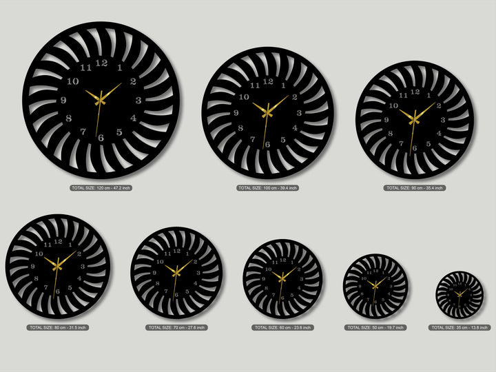The deep black radial pattern of several modern spiral metal wall clocks stands out as unique metal wall decor.