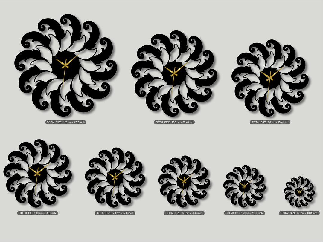 The striking negative space around and within the elegant black floral spiral metal art for wall clocks highlights their intricate design.