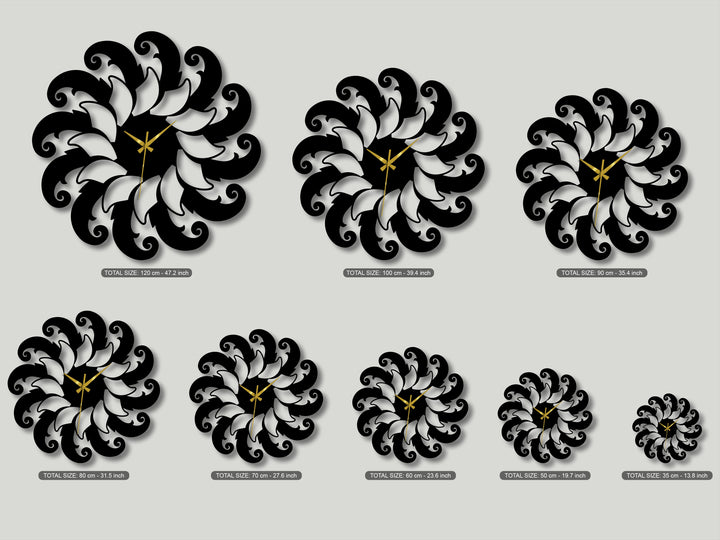 The striking negative space around and within the elegant black floral spiral metal art for wall clocks highlights their intricate design.