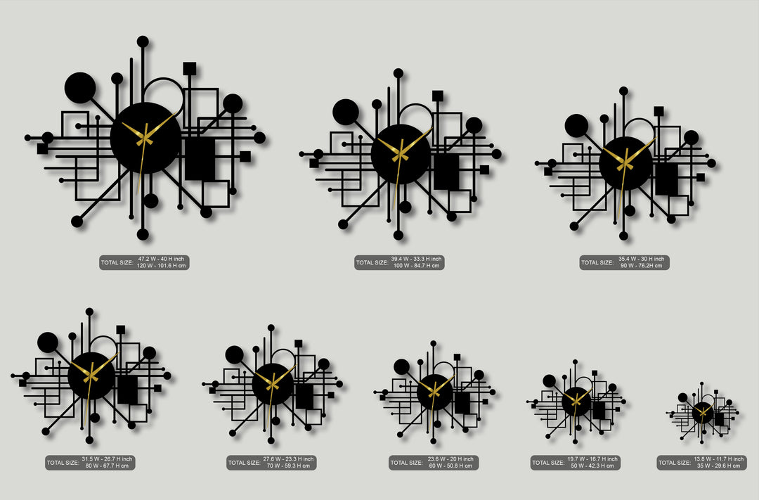The negative space artfully outlines numerous black geometric clocks, showcasing unique metal wall art with striking gold hands.