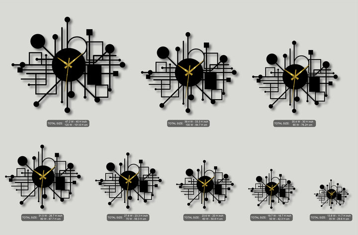 The negative space artfully outlines numerous black geometric clocks, showcasing unique metal wall art with striking gold hands.