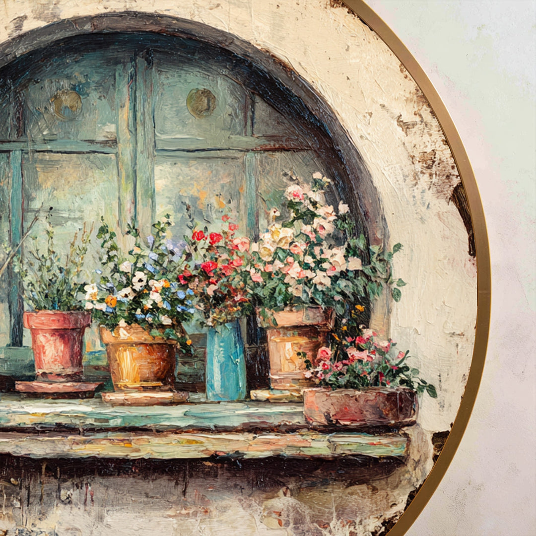 Rustic Window with Flower Pots Round Oil Painting