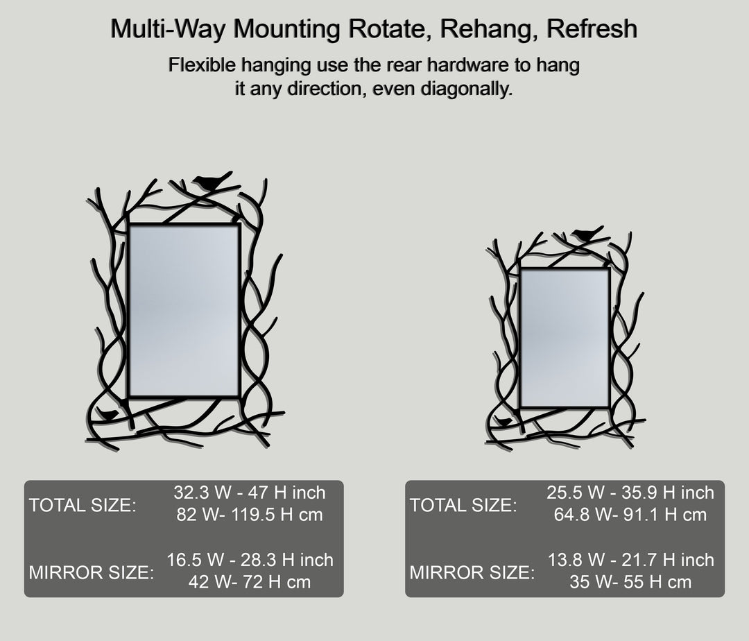 Nature-Inspired Branch Frame Black Metal Floor Mirror with Bird Detail
